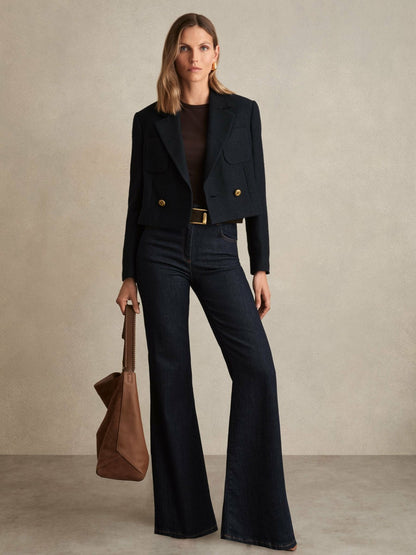 Double-Breasted Textured Cropped Blazer with Wool and Cotton in Navy Women | Reiss