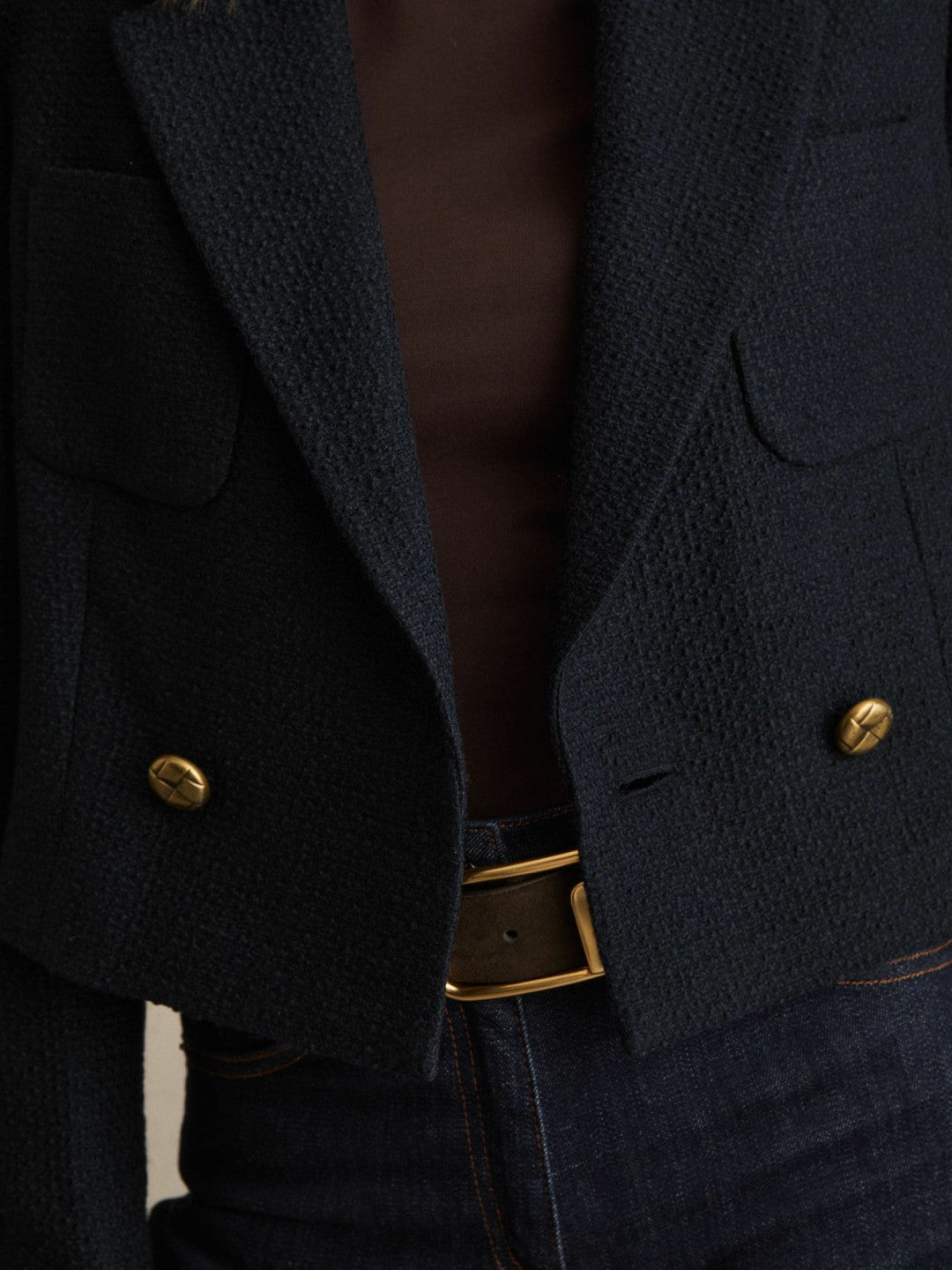 Double-Breasted Textured Cropped Blazer with Wool and Cotton in Navy Women | Reiss