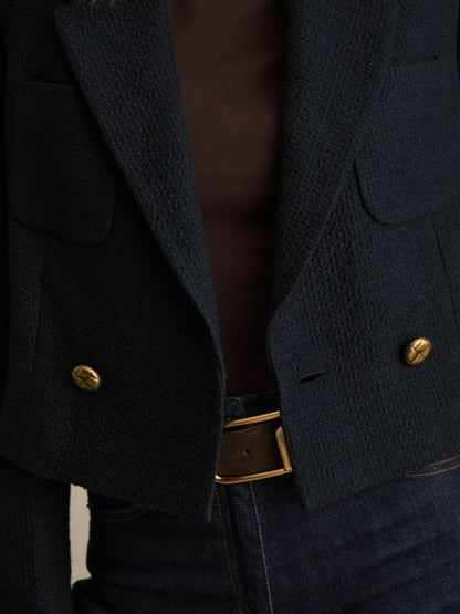 Double-Breasted Textured Cropped Blazer with Wool and Cotton in Navy Women | Reiss