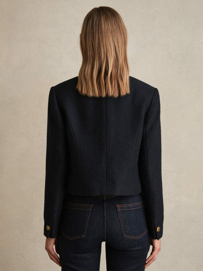 Double-Breasted Textured Cropped Blazer with Wool and Cotton in Navy Women | Reiss