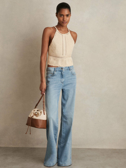 Cotton Crochet Tie-Back Cropped Top in Cream Women | Reiss
