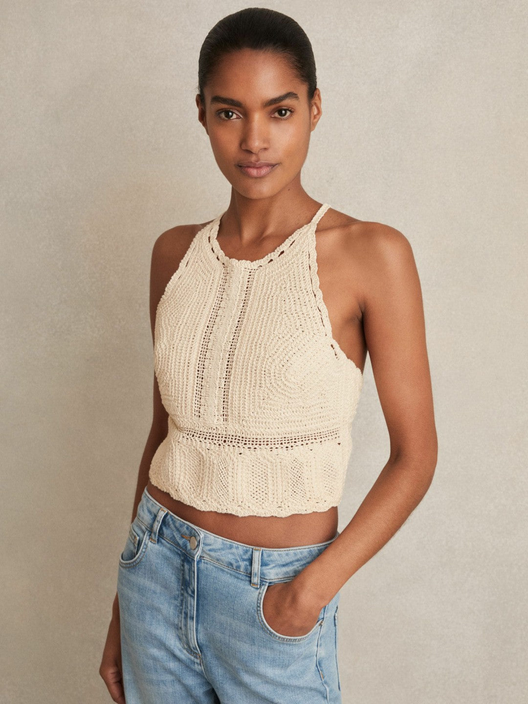 Cotton Crochet Tie-Back Cropped Top in Cream Women | Reiss