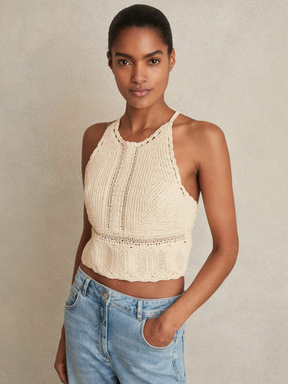 Cotton Crochet Tie-Back Cropped Top in Cream Women | Reiss