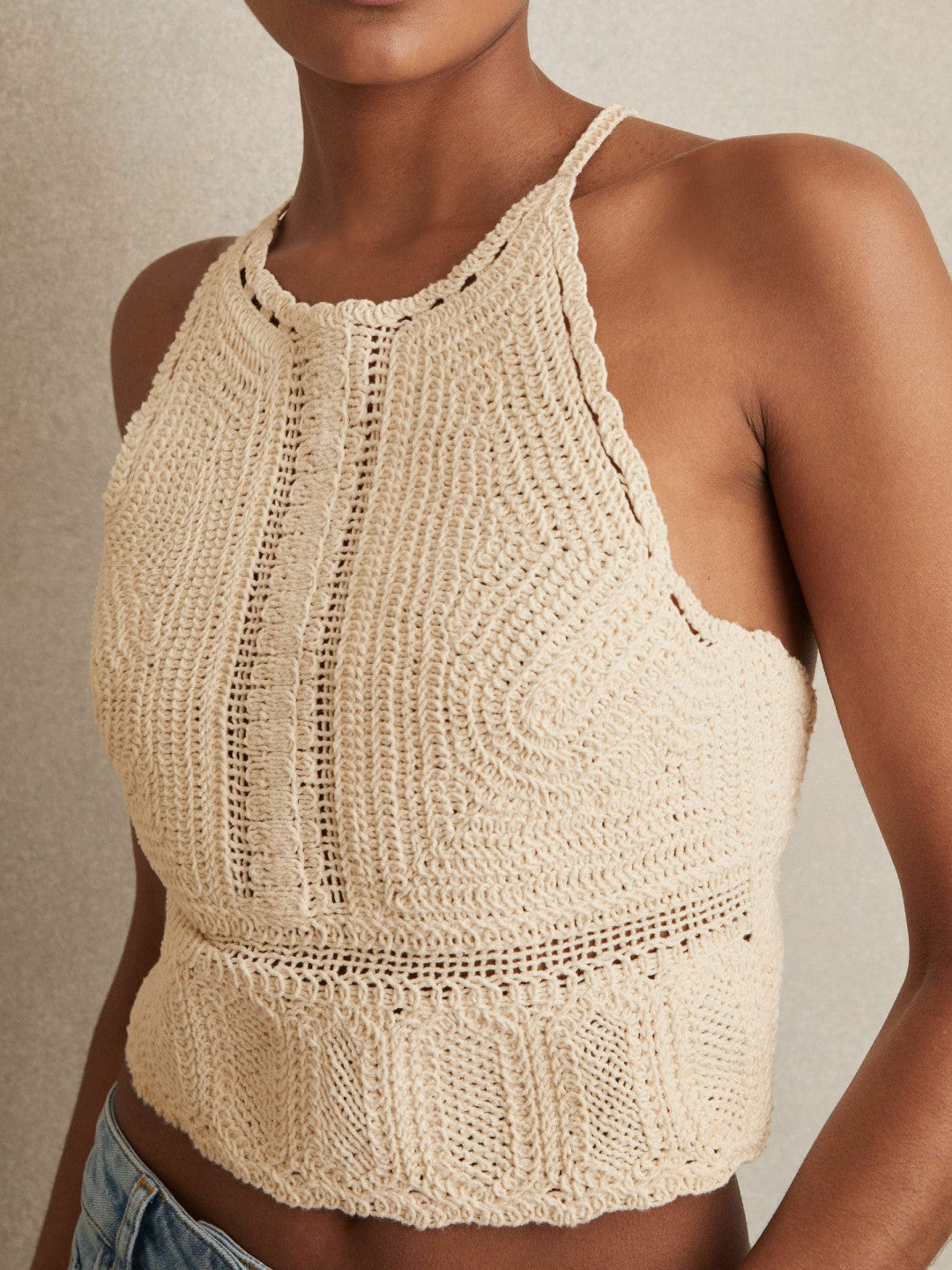 Cotton Crochet Tie-Back Cropped Top in Cream Women | Reiss