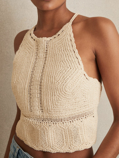 Cotton Crochet Tie-Back Cropped Top in Cream Women | Reiss