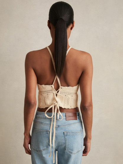 Cotton Crochet Tie-Back Cropped Top in Cream Women | Reiss