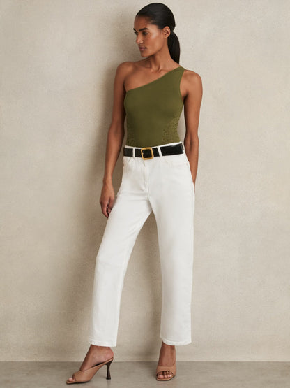 Lace-Knit Detail One-Shoulder Bodysuit in Green Women | Reiss