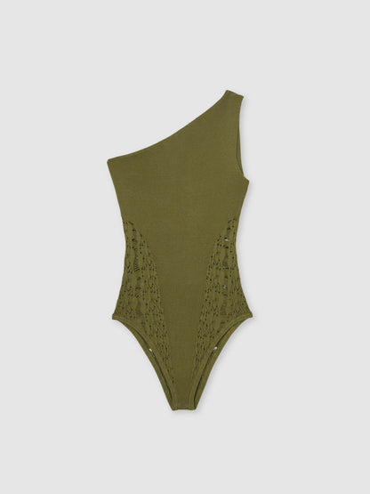 Lace-Knit Detail One-Shoulder Bodysuit in Green Women | Reiss