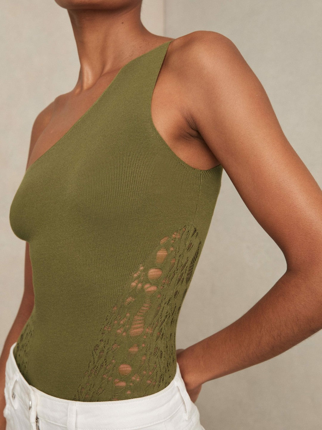 Lace-Knit Detail One-Shoulder Bodysuit in Green Women | Reiss
