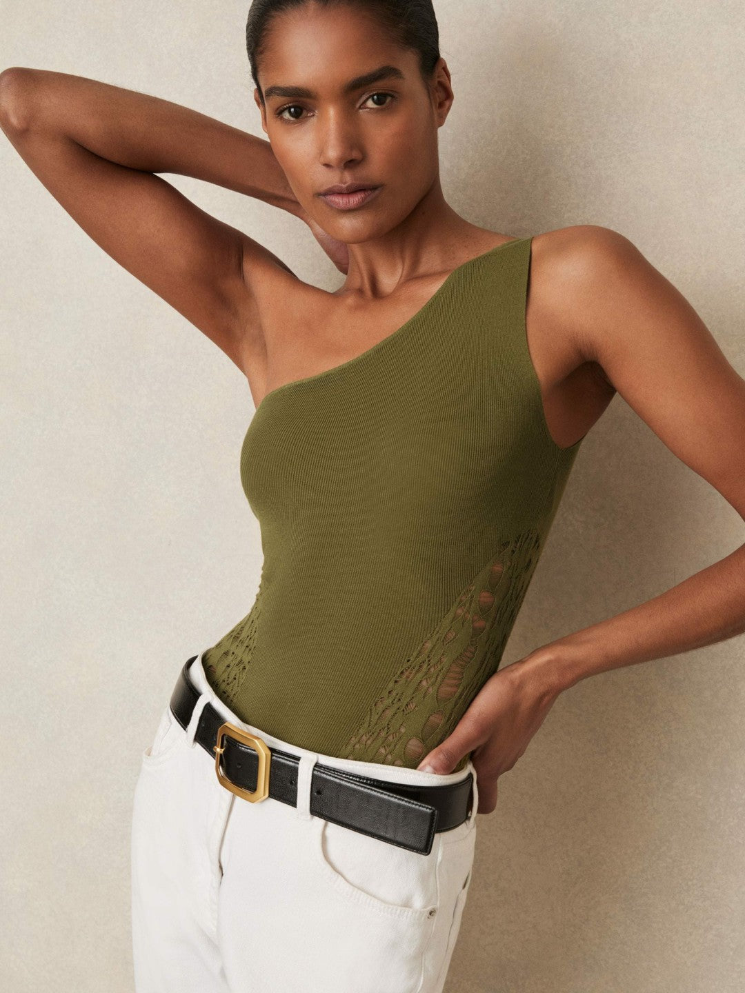 Lace-Knit Detail One-Shoulder Bodysuit in Green Women | Reiss
