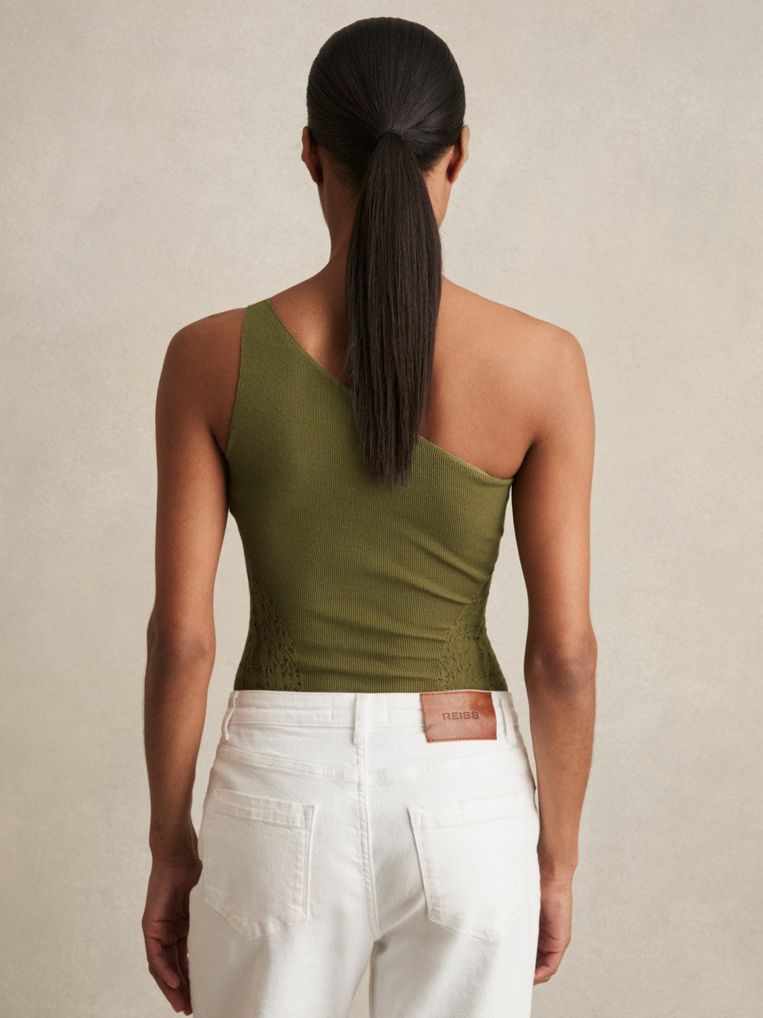 Lace-Knit Detail One-Shoulder Bodysuit in Green Women | Reiss