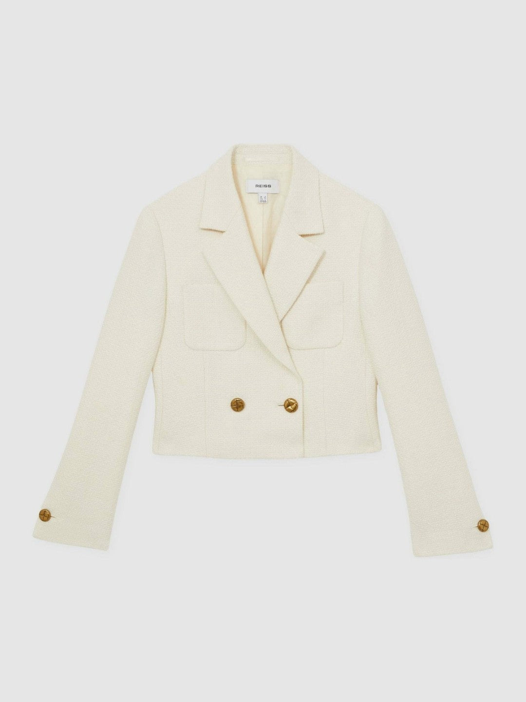 Double-Breasted Textured Cropped Blazer with Wool and Cotton in White Women | Reiss