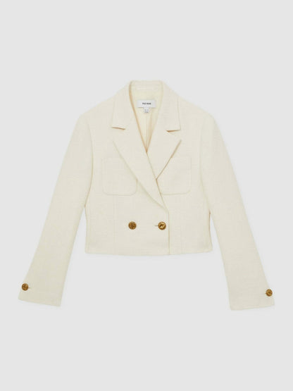Double-Breasted Textured Cropped Blazer with Wool and Cotton in White Women | Reiss