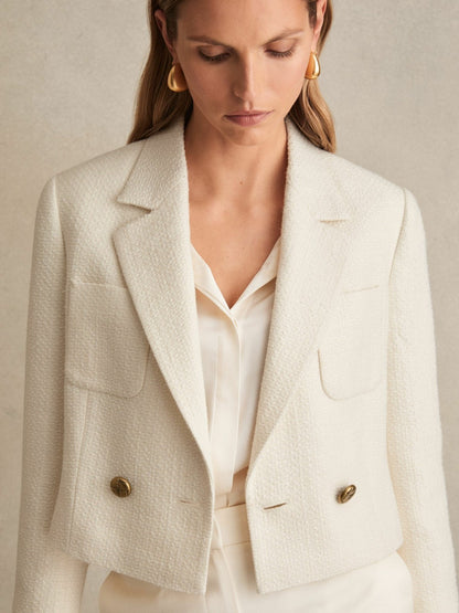 Double-Breasted Textured Cropped Blazer with Wool and Cotton in White Women | Reiss