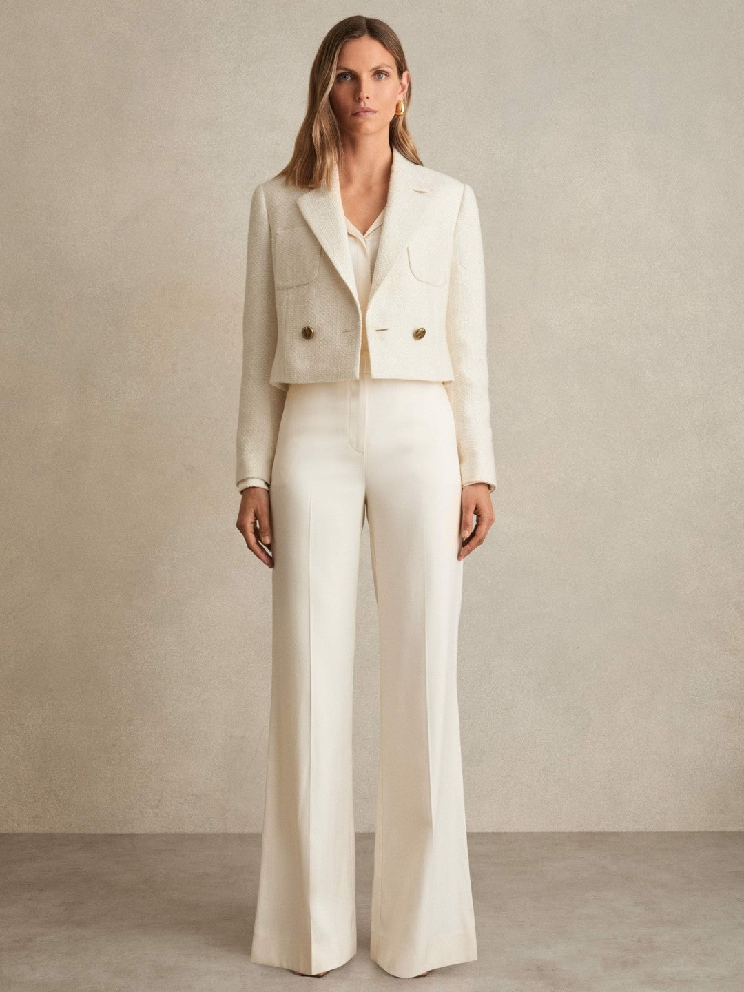 Double-Breasted Textured Cropped Blazer with Wool and Cotton in White Women | Reiss