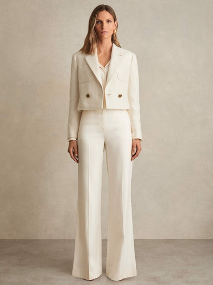 Double-Breasted Textured Cropped Blazer with Wool and Cotton in White Women | Reiss