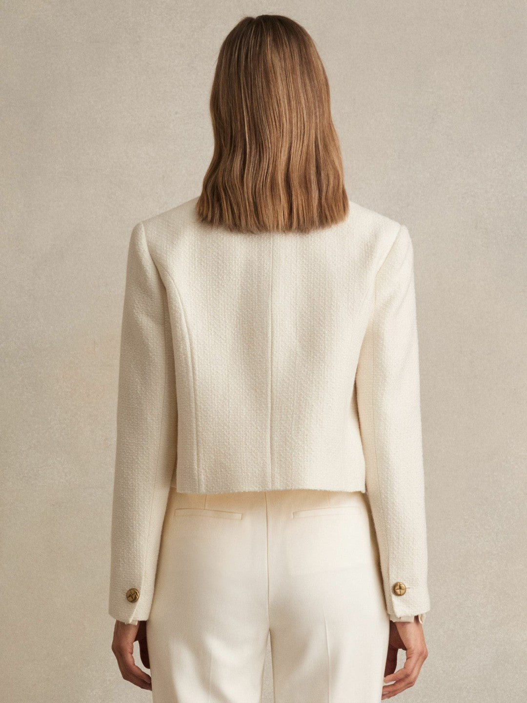 Double-Breasted Textured Cropped Blazer with Wool and Cotton in White Women | Reiss