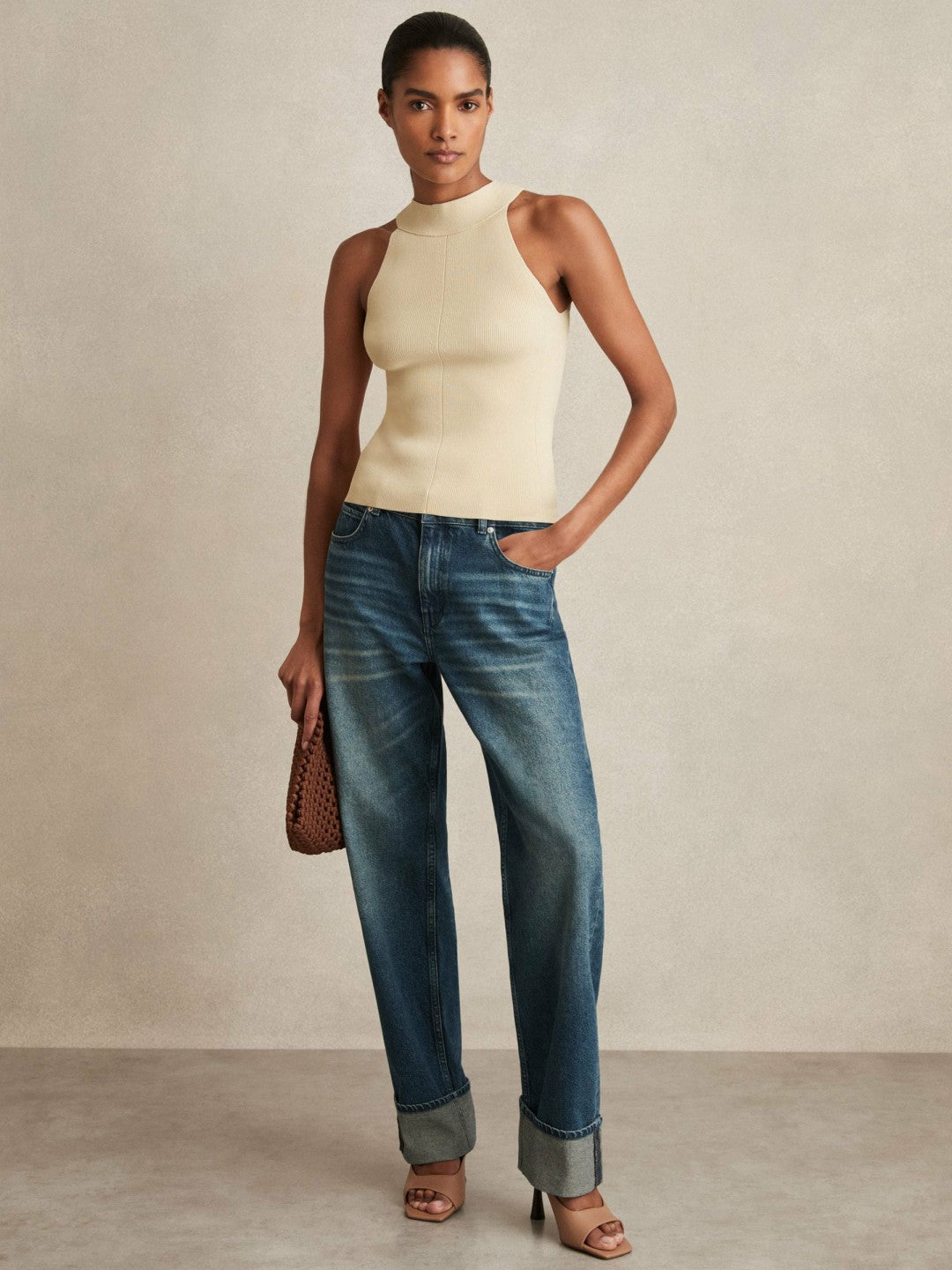 Rib Knit High Neck Vest in Ivory Women | Reiss