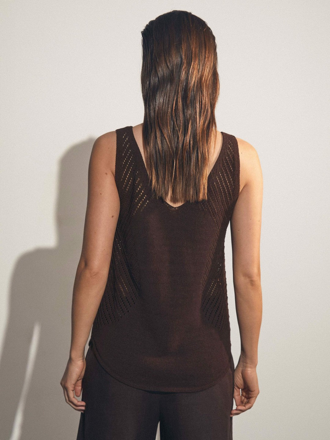 Cotton Blend Open Knit Vest in Chocolate Brown Women | Reiss