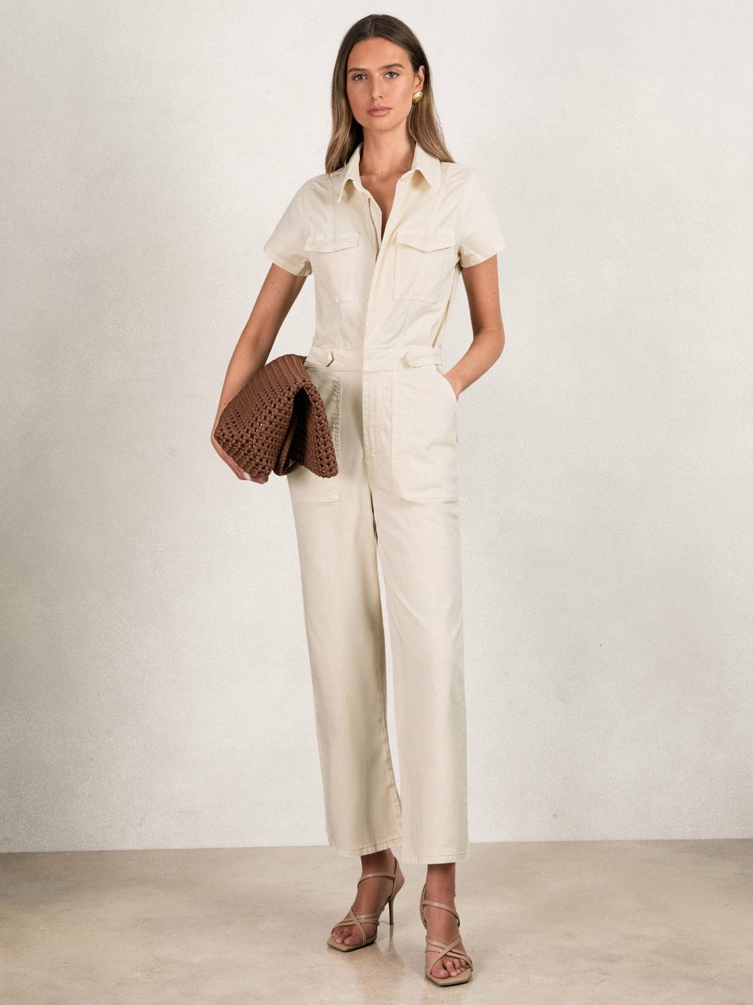 Good American Cotton Twill Jumpsuit with Stretch in Ecru Women | Reiss