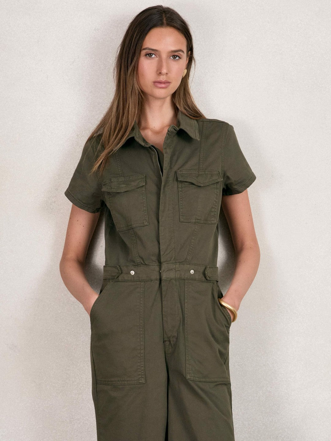 Good American Cotton Twill Jumpsuit with Stretch in Khaki Women | Reiss