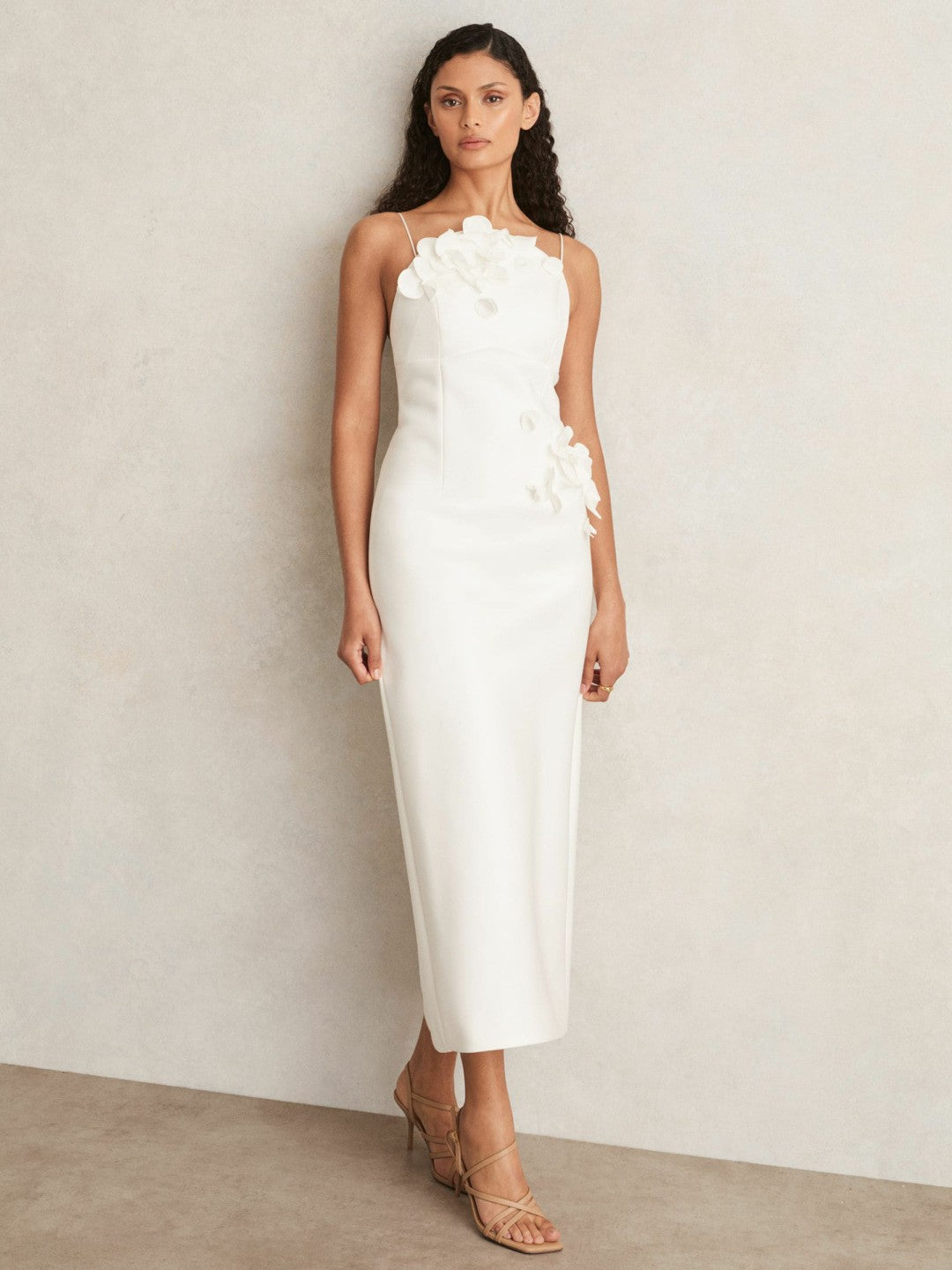 Acler Ivory Petal Detail Fitted Midi Dress in Ivory Women | Reiss