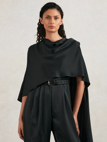 Halston Crepe Wide Leg Cape Jumpsuit in Black Women | Reiss