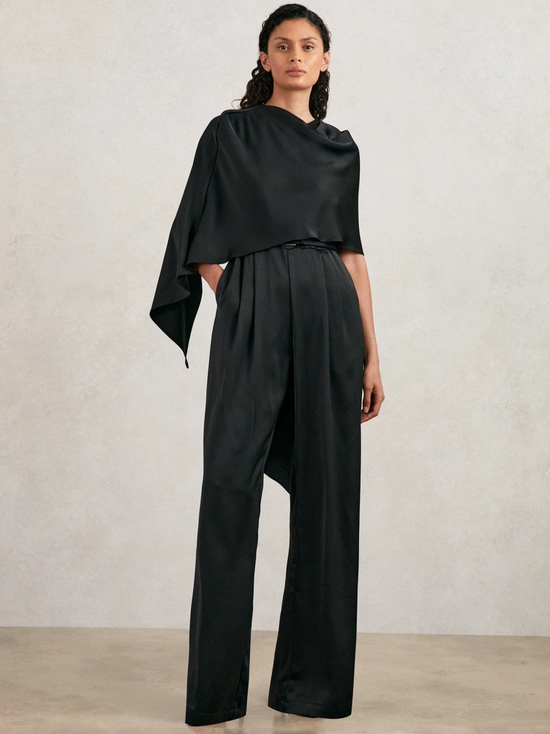 Halston Crepe Wide Leg Cape Jumpsuit in Black Women | Reiss