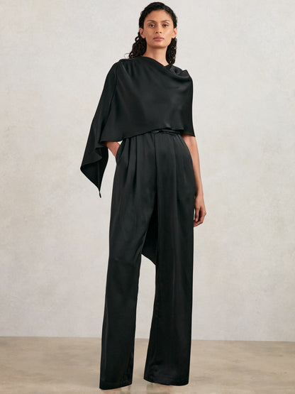Halston Crepe Wide Leg Cape Jumpsuit in Black Women | Reiss