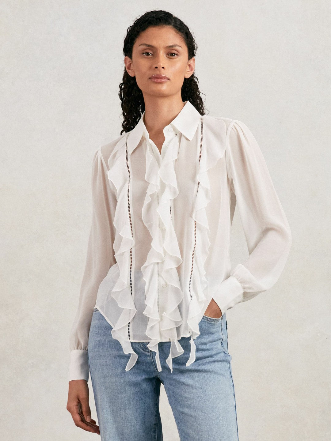 Paige Silk Georgette Ruffle Trim Shirt in White Women | Reiss