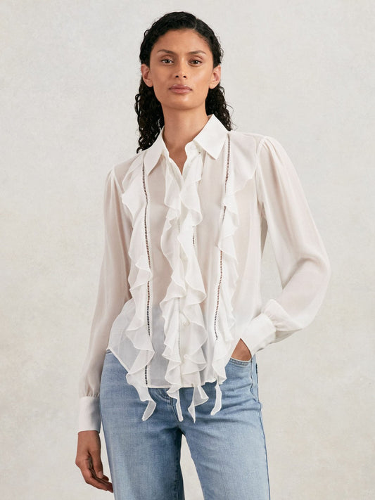 Paige Silk Georgette Ruffle Trim Shirt in White Women | Reiss