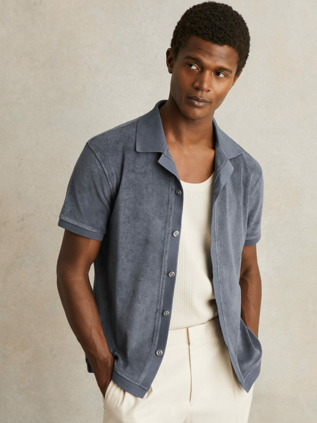 Cotton Blend Towelling Shirt in Airforce Blue Men | Reiss