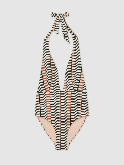 Chevron Stripe Plunge Swimsuit in Black/Brown Women | Reiss