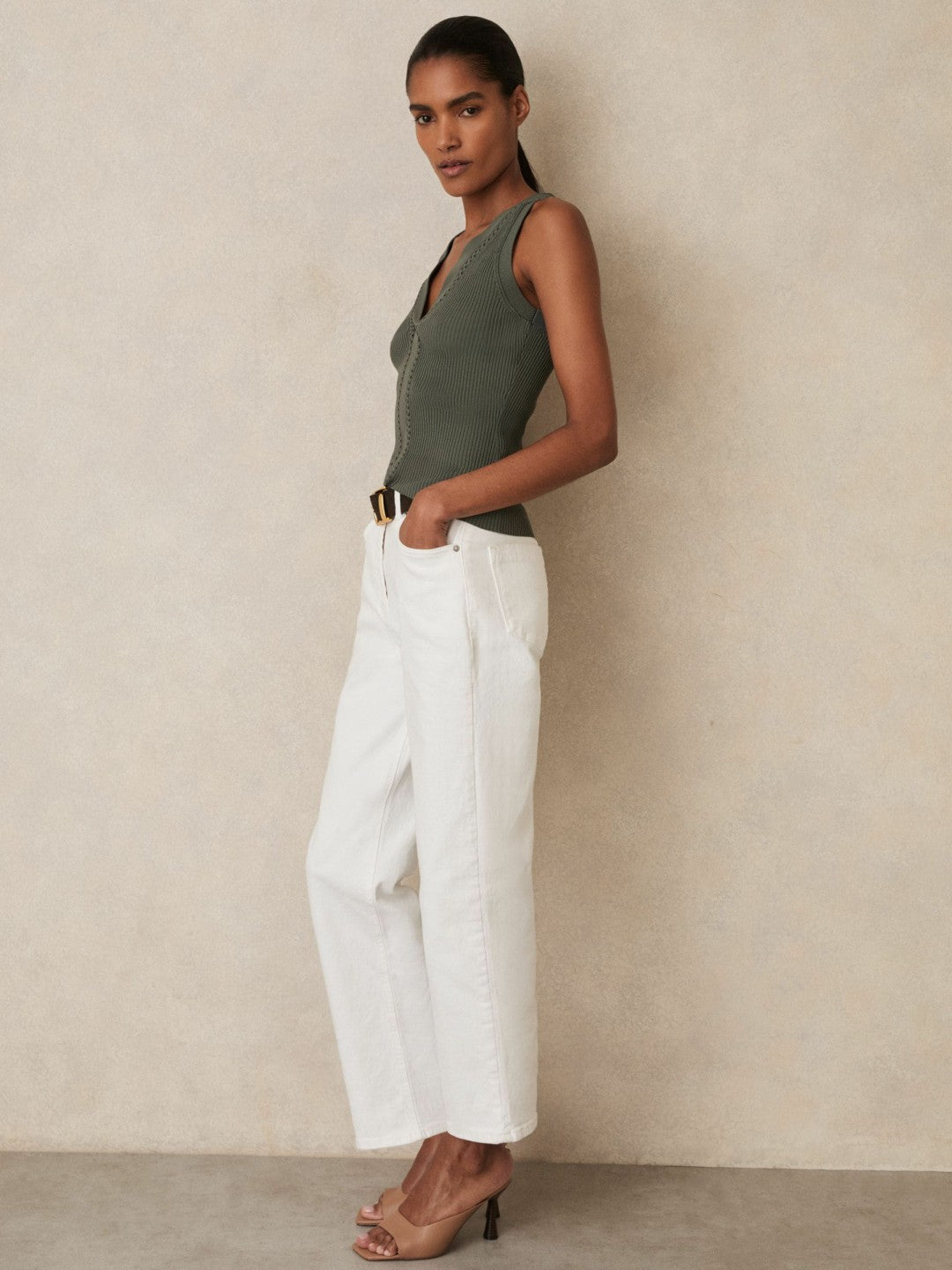 Craft-Stitch Rib-Knit Vest in Khaki Green Women | Reiss