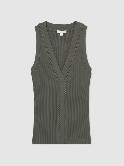Craft-Stitch Rib-Knit Vest in Khaki Green Women | Reiss