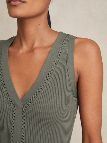 Craft-Stitch Rib-Knit Vest in Khaki Green Women | Reiss