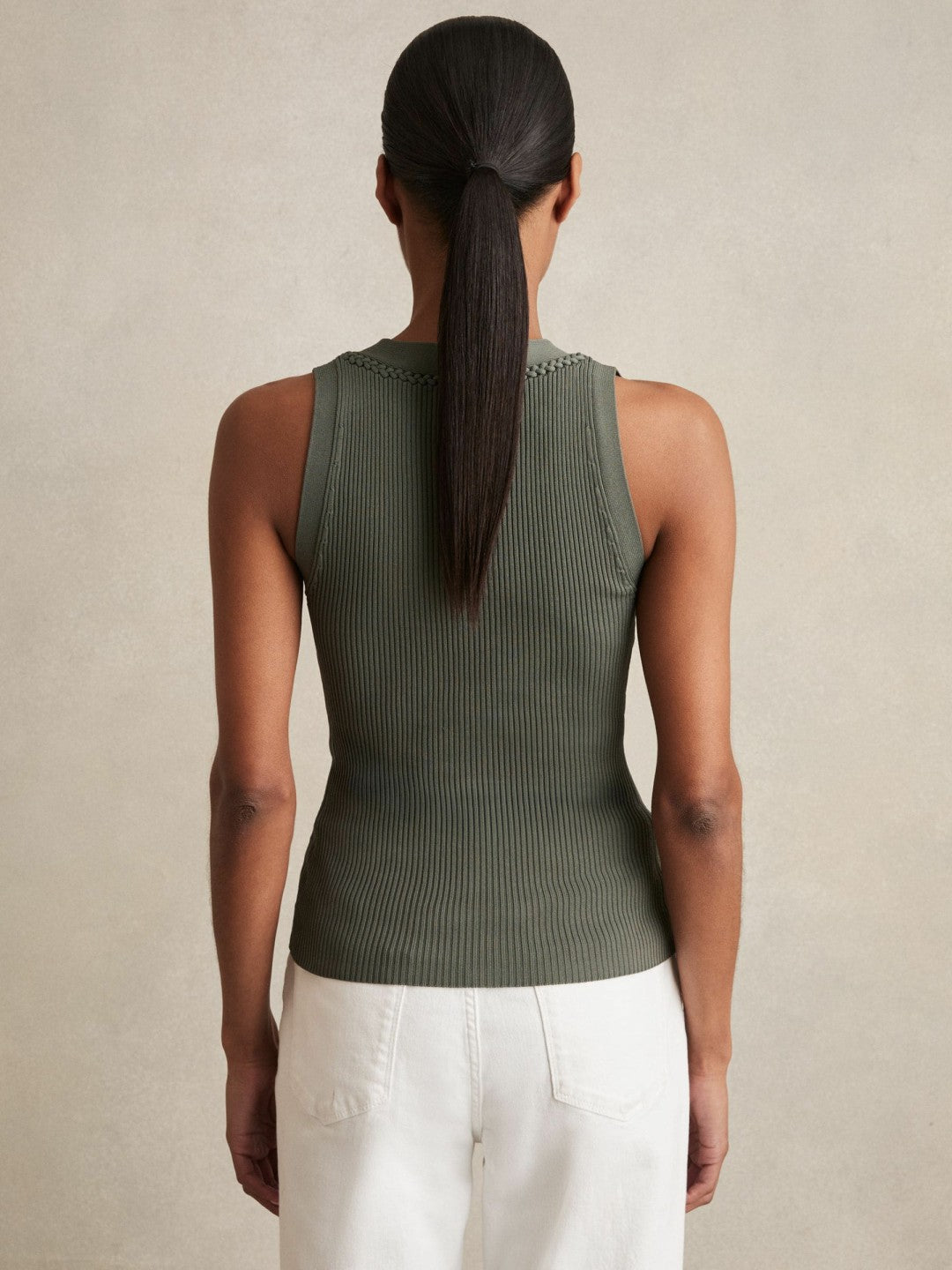 Craft-Stitch Rib-Knit Vest in Khaki Green Women | Reiss