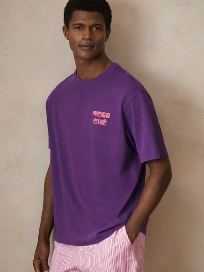 | Ché Cotton Palm-Print T-Shirt in Purple Men | Reiss