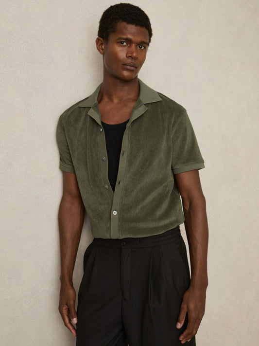 Cotton Blend Towelling Shirt in Green Men | Reiss