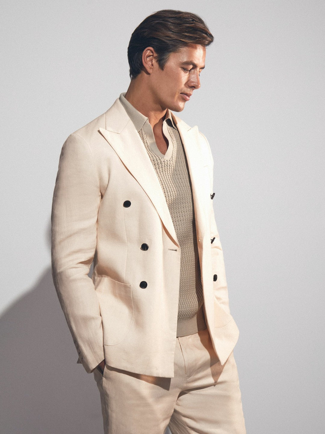 Linen Double-Breasted Suit Slim-Fit Blazer in Stone Men | Reiss