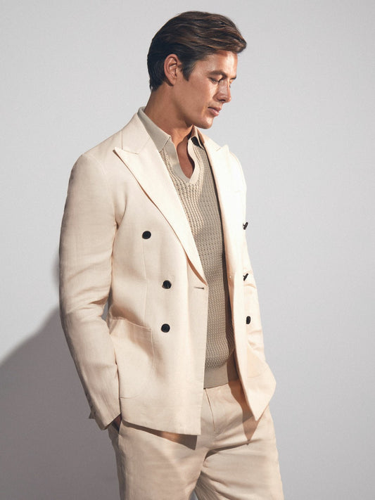 Linen Double-Breasted Suit Slim-Fit Blazer in Stone Men | Reiss