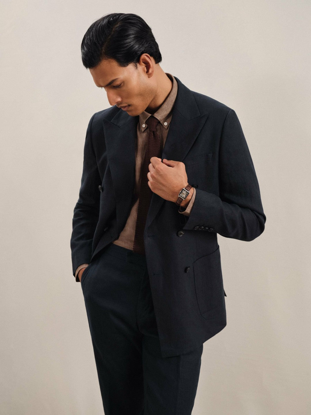 Linen Double-Breasted Suit Slim-Fit Blazer in Navy Men | Reiss