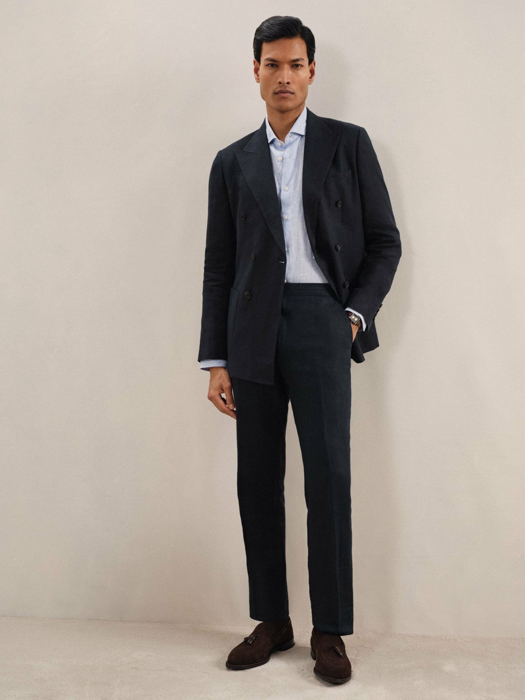 Linen Double-Breasted Suit Slim-Fit Blazer in Navy Men | Reiss