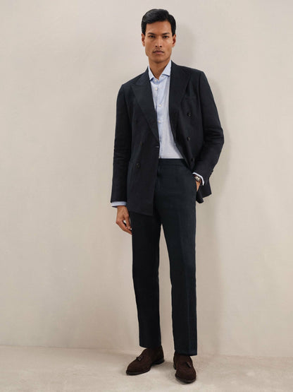 Linen Double-Breasted Suit Slim-Fit Blazer in Navy Men | Reiss