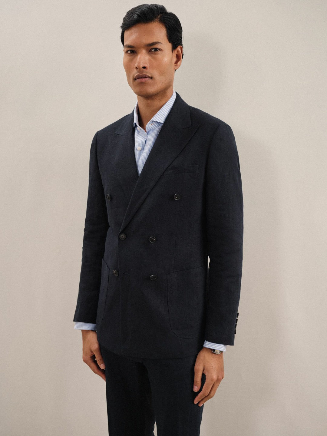 Linen Double-Breasted Suit Slim-Fit Blazer in Navy Men | Reiss