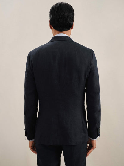Linen Double-Breasted Suit Slim-Fit Blazer in Navy Men | Reiss