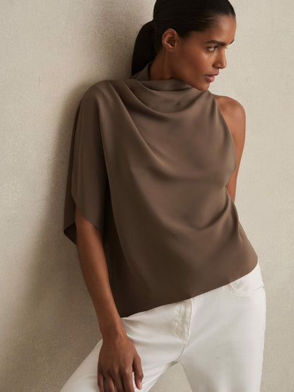 One-Shoulder Draped Top in Mink Women | Reiss