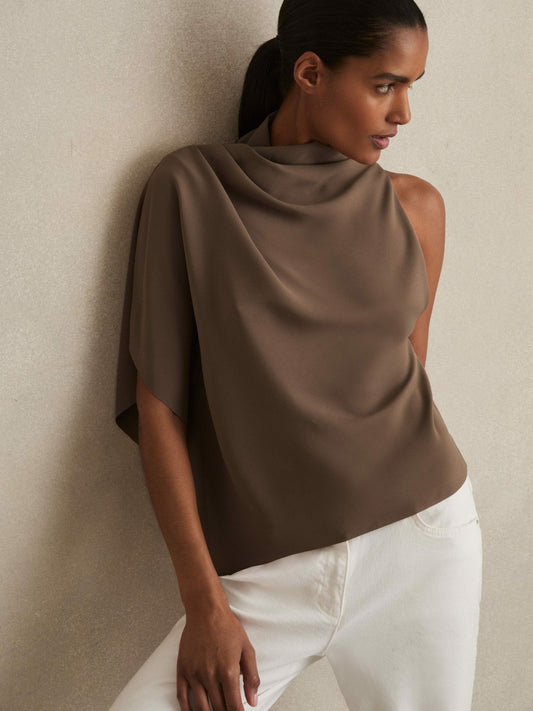One-Shoulder Draped Top in Mink Women | Reiss
