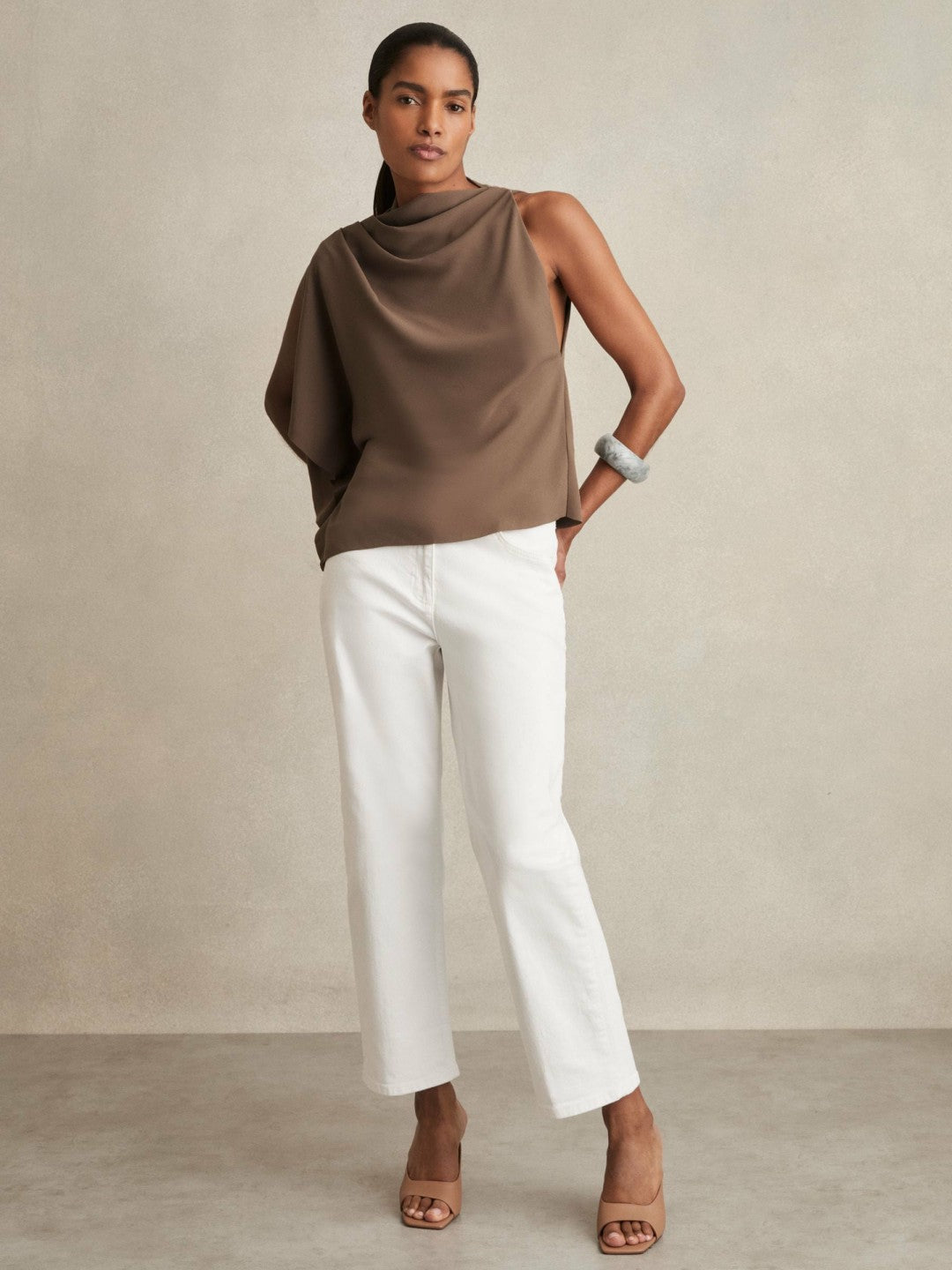 One-Shoulder Draped Top in Mink Women | Reiss