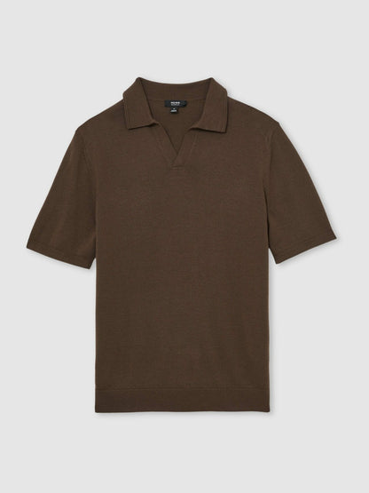 Merino Wool Open Collar Polo Shirt in Chocolate Brown Men | Reiss
